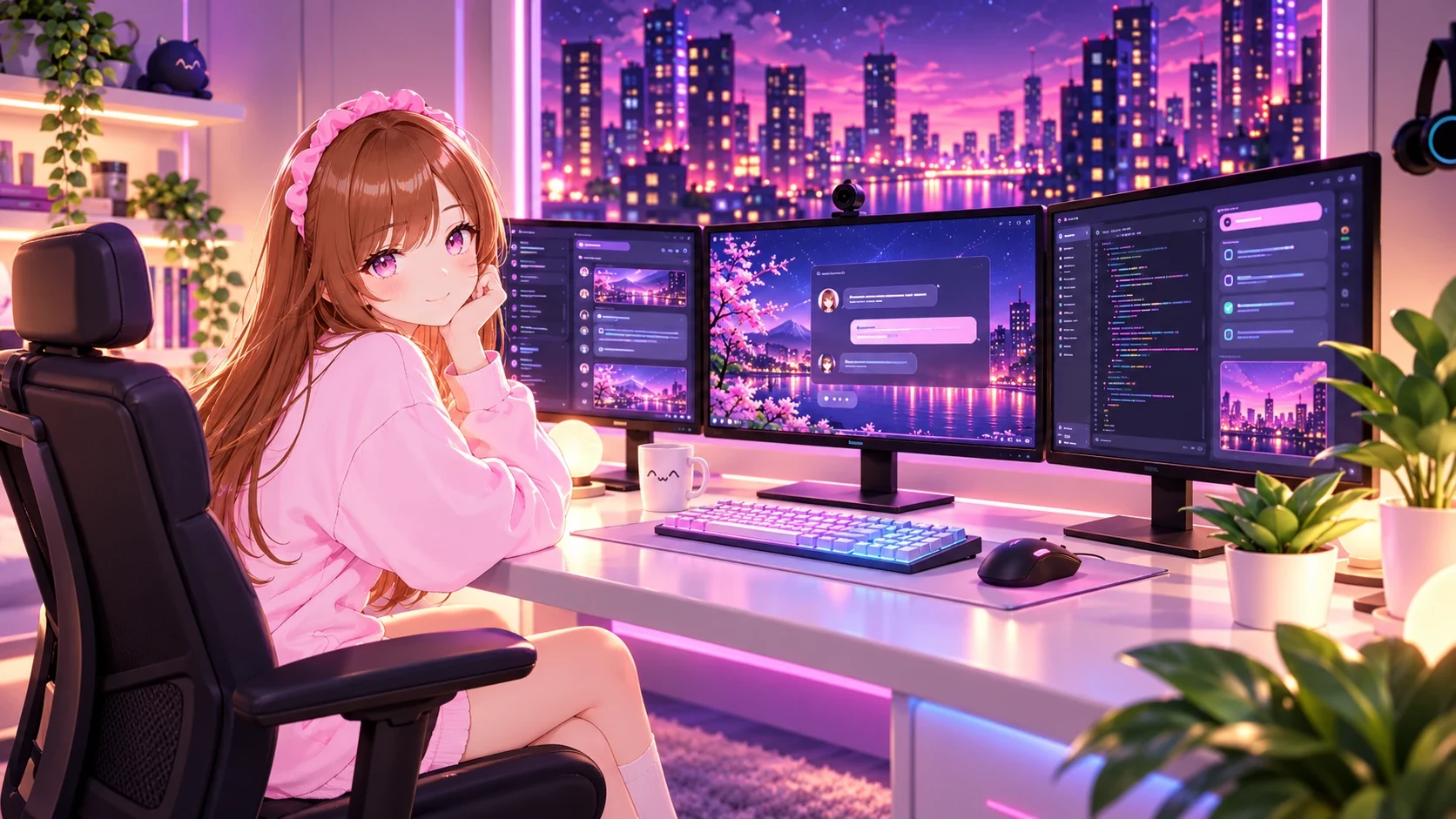 Rein at her desk, chin on her hand, smiling back at you in front of three glowing monitors